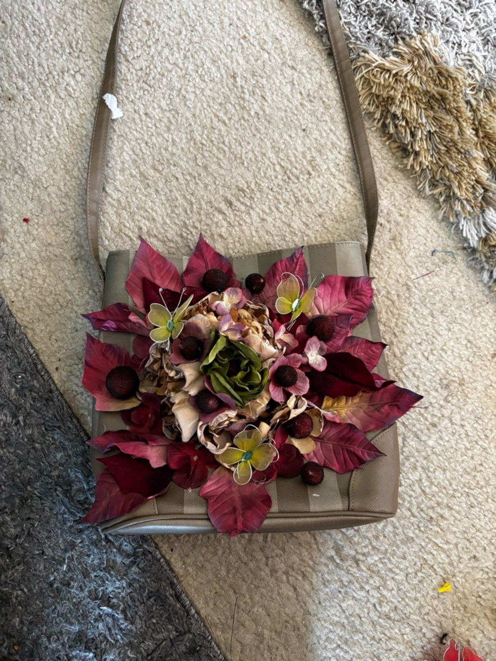 Taupe Crossbody Bag with Bold Floral Applique